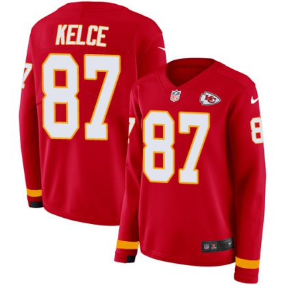 Nike Kansas City Chiefs #87 Travis Kelce Red Team Color Women's Stitched NFL Limited Therma Long Sleeve Jersey