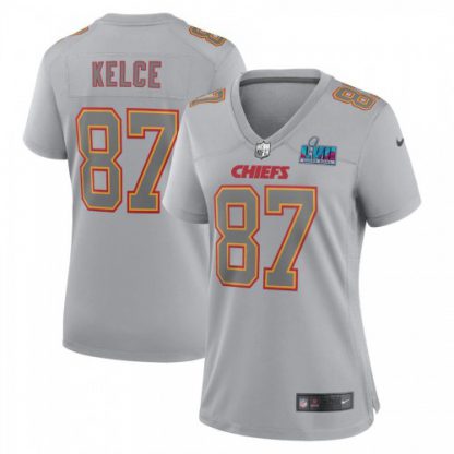 Nike Kansas City Chiefs #87 Travis Kelce Women's Super Bowl LVII Patch Atmosphere Fashion Game Jersey - Gray