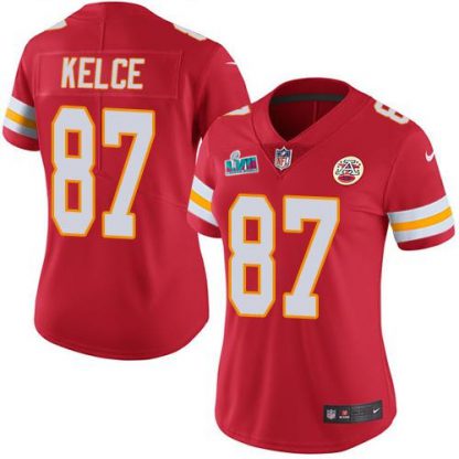 Nike Kansas City Chiefs #87 Travis Kelce Red Team Color Super Bowl LVII Patch Women's Stitched NFL Vapor Untouchable Limited Jersey
