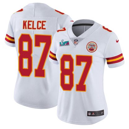 Nike Kansas City Chiefs #87 Travis Kelce White Super Bowl LVII Patch Women's Stitched NFL Vapor Untouchable Limited Jersey