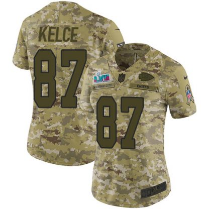Nike Kansas City Chiefs #87 Travis Kelce Camo Super Bowl LVII Patch Women's Stitched NFL Limited 2018 Salute To Service Jersey