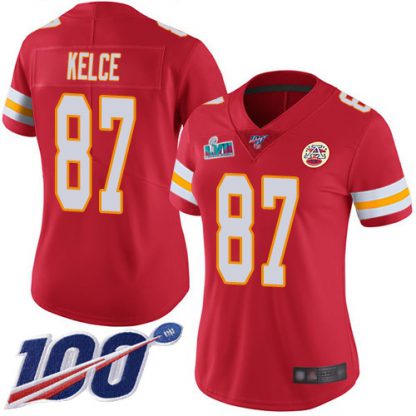 Nike Kansas City Chiefs #87 Travis Kelce Red Team Color Super Bowl LVII Patch Women's Stitched NFL 100th Season Vapor Limited Jersey