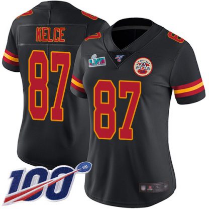 Nike Kansas City Chiefs #87 Travis Kelce Black Super Bowl LVII Patch Women's Stitched NFL Limited Rush 100th Season Jersey