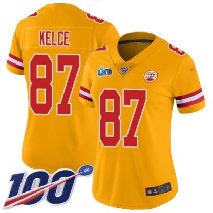 Nike Kansas City Chiefs #87 Travis Kelce Gold Super Bowl LVII Patch Women's Stitched NFL Limited Inverted Legend 100th Season Jersey
