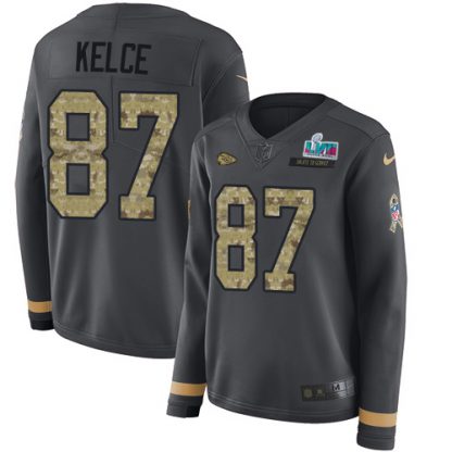 Nike Kansas City Chiefs #87 Travis Kelce Anthracite Super Bowl LVII Patch Salute to Service Women's Stitched NFL Limited Therma Long Sleeve Jersey