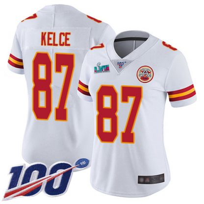 Nike Kansas City Chiefs #87 Travis Kelce White Super Bowl LVII Patch Women's Stitched NFL 100th Season Vapor Limited Jersey