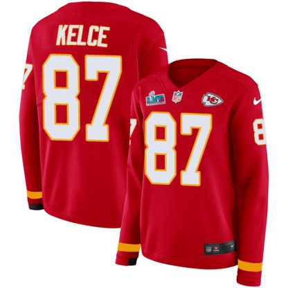 Nike Kansas City Chiefs #87 Travis Kelce Red Team Color Super Bowl LVII Patch Women's Stitched NFL Limited Therma Long Sleeve Jersey