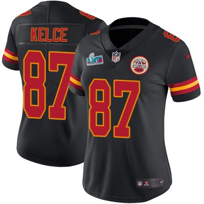 Nike Kansas City Chiefs #87 Travis Kelce Black Super Bowl LVII Patch Women's Stitched NFL Limited Rush Jersey