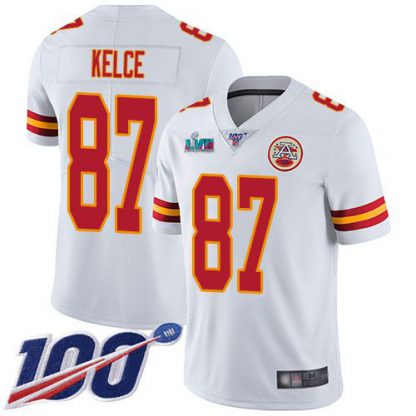 Nike Kansas City Chiefs #87 Travis Kelce White Super Bowl LVII Patch Youth Stitched NFL 100th Season Vapor Limited Jersey