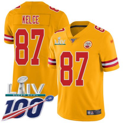 Nike Kansas City Chiefs #87 Travis Kelce Gold Super Bowl LIV 2020 Youth Stitched NFL Limited Inverted Legend 100th Season Jersey
