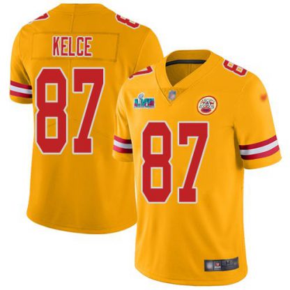 Nike Kansas City Chiefs #87 Travis Kelce Gold Super Bowl LVII Patch Men's Stitched NFL Limited Inverted Legend Jersey