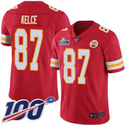 Nike Kansas City Chiefs #87 Travis Kelce Red Team Color Super Bowl LVII Patch Men's Stitched NFL 100th Season Vapor Limited Jersey