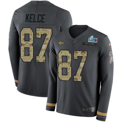 Nike Kansas City Chiefs #87 Travis Kelce Anthracite Super Bowl LVII Patch Salute to Service Men's Stitched NFL Limited Therma Long Sleeve Jersey