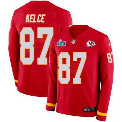 Nike Kansas City Chiefs #87 Travis Kelce Red Team Color Super Bowl LVII Patch Men's Stitched NFL Limited Therma Long Sleeve Jersey