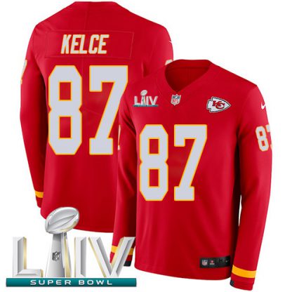 Nike Kansas City Chiefs #87 Travis Kelce Red Super Bowl LIV 2020 Team Color Men's Stitched NFL Limited Therma Long Sleeve Jersey