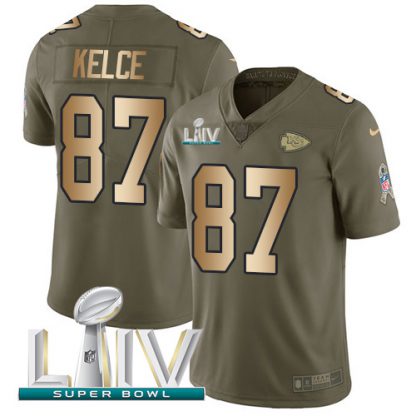 Nike Kansas City Chiefs #87 Travis Kelce Olive/Gold Super Bowl LIV 2020 Men's Stitched NFL Limited 2017 Salute To Service Jersey