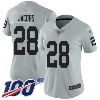 Nike Las Vegas Raiders #28 Josh Jacobs Silver Women's Stitched NFL Limited Inverted Legend 100th Season Jersey