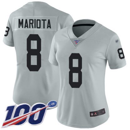 Nike Las Vegas Raiders #8 Marcus Mariota Silver Women's Stitched NFL Limited Inverted Legend 100th Season Jersey