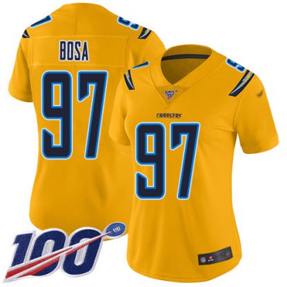 Nike Los Angeles Chargers #97 Joey Bosa Gold Women's Stitched NFL Limited Inverted Legend 100th Season Jersey