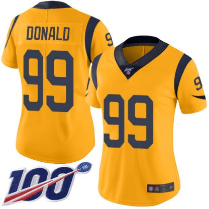 Nike Los Angeles Rams #99 Aaron Donald Gold Women's Stitched NFL Limited Rush 100th Season Jersey