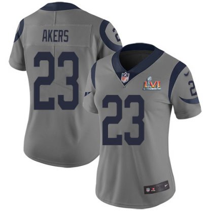 Nike Los Angeles Rams #23 Cam Akers Gray Super Bowl LVI Patch Women's Stitched NFL Limited Inverted Legend Jersey