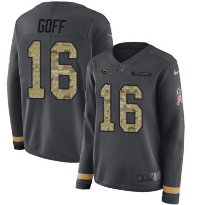 Nike Los Angeles Rams #16 Jared Goff Anthracite Salute to Service Women's Stitched NFL Limited Therma Long Sleeve Jersey
