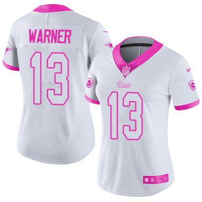 Nike Los Angeles Rams #13 Kurt Warner White/Pink Women's Stitched NFL Limited Rush Fashion Jersey