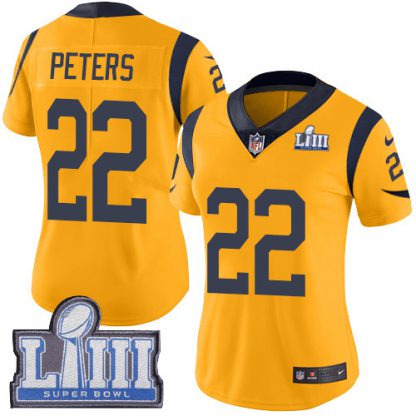 Nike Los Angeles Rams #22 Marcus Peters Gold Super Bowl LIII Bound Women's Stitched NFL Limited Rush Jersey