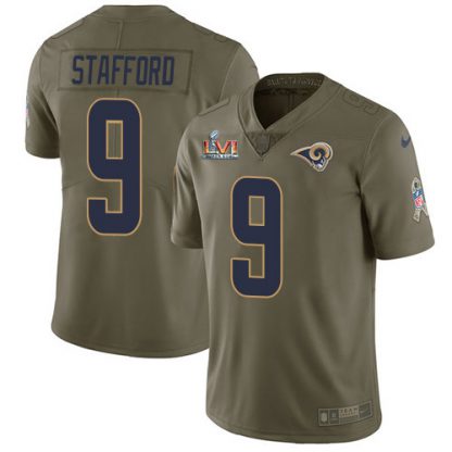 Nike Los Angeles Rams #9 Matthew Stafford Olive Super Bowl LVI Patch Youth Stitched NFL Limited 2017 Salute to Service Jersey