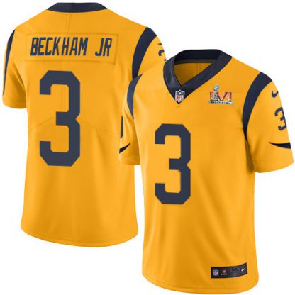 Nike Los Angeles Rams #3 Odell Beckham Jr. Gold Super Bowl LVI Patch Men's Stitched NFL Limited Rush Jersey