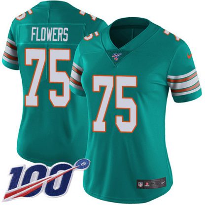 Nike Miami Dolphins #75 Ereck Flowers Aqua Green Alternate Women's Stitched NFL 100th Season Vapor Untouchable Limited Jersey