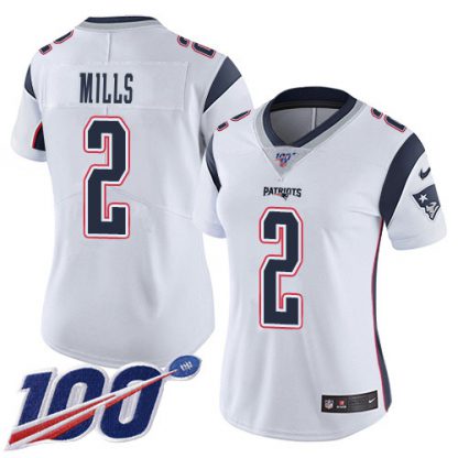 Nike New England Patriots #2 Jalen Mills White Women's Stitched NFL 100th Season Vapor Limited Jersey