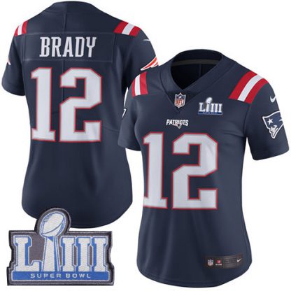 Nike New England Patriots #12 Tom Brady Navy Blue Super Bowl LIII Bound Women's Stitched NFL Limited Rush Jersey