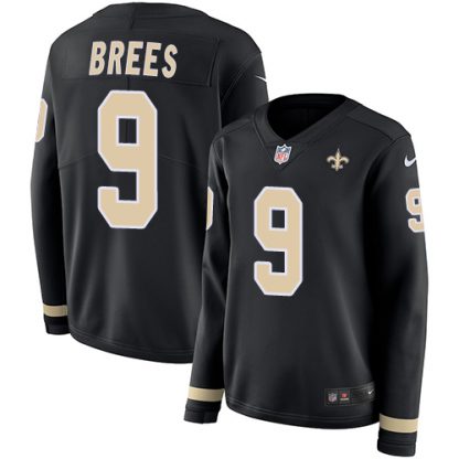 Nike New Orleans Saints #9 Drew Brees Black Team Color Women's Stitched NFL Limited Therma Long Sleeve Jersey