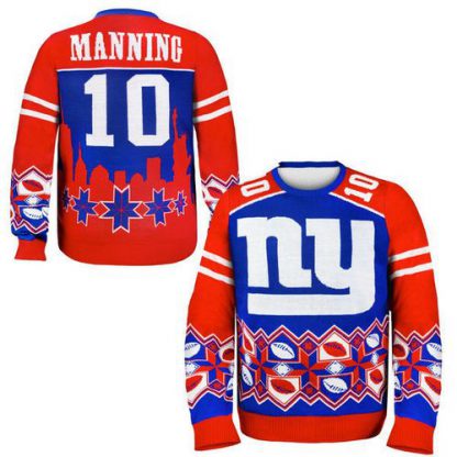 Nike New York Giants #10 Eli Manning Royal Blue/Red Men's Ugly Sweater