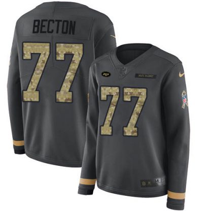 Nike New York Jets #77 Mekhi Becton Anthracite Salute to Service Women's Stitched NFL Limited Therma Long Sleeve Jersey