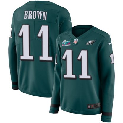 Nike Philadelphia Eagles #11 A.J. Brown Green Team Color Super Bowl LVII Patch Women's Stitched NFL Limited Therma Long Sleeve Jersey