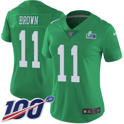 Nike Philadelphia Eagles #11 A.J. Brown Green Super Bowl LVII Patch Women's Stitched NFL Limited Rush 100th Season Jersey