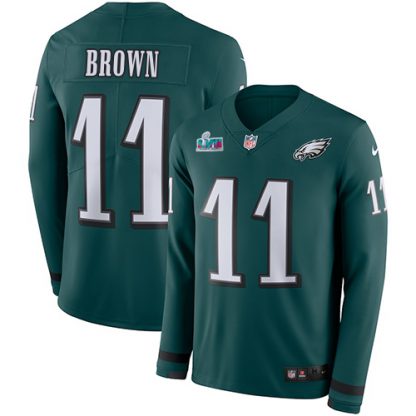 Nike Philadelphia Eagles #11 A.J. Brown Green Team Color Super Bowl LVII Patch Men's Stitched NFL Limited Therma Long Sleeve Jersey