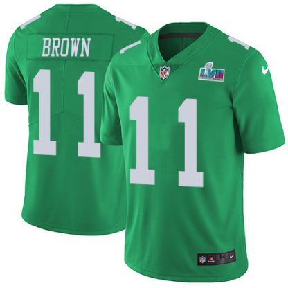 Nike Philadelphia Eagles #11 A.J. Brown Green Super Bowl LVII Patch Men's Stitched NFL Limited Rush Jersey