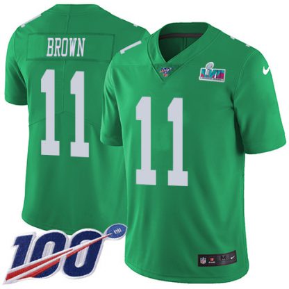 Nike Philadelphia Eagles #11 A.J. Brown Green Super Bowl LVII Patch Men's Stitched NFL Limited Rush 100th Season Jersey