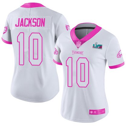 Nike Philadelphia Eagles #10 DeSean Jackson White/Pink Super Bowl LVII Patch Women's Stitched NFL Limited Rush Fashion Jersey