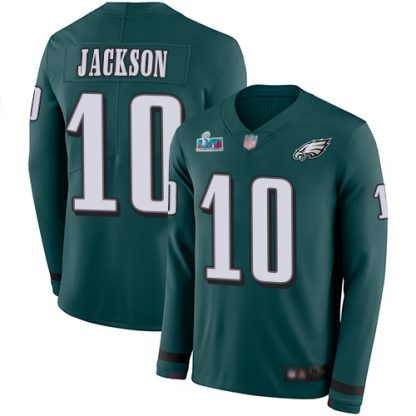 Nike Philadelphia Eagles #10 DeSean Jackson Green Super Bowl LVII Patch Team Color Youth Stitched NFL Limited Therma Long Sleeve Jersey