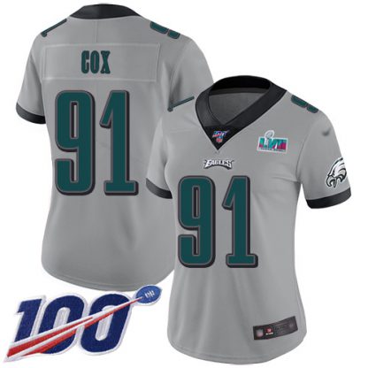 Nike Philadelphia Eagles #91 Fletcher Cox Silver Super Bowl LVII Patch Women's Stitched NFL Limited Inverted Legend 100th Season Jersey