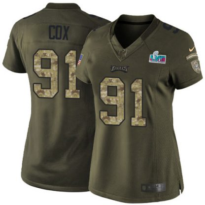 Nike Philadelphia Eagles #91 Fletcher Cox Green Super Bowl LVII Patch Women's Stitched NFL Limited 2015 Salute to Service Jersey