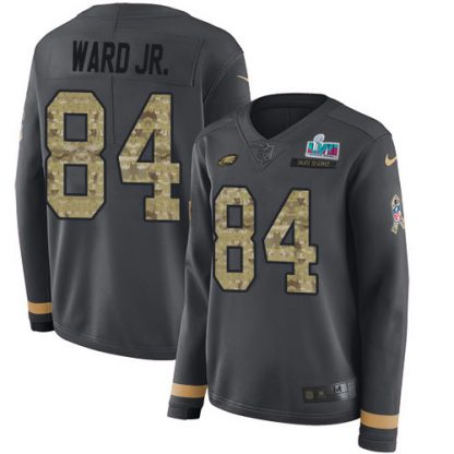 Nike Philadelphia Eagles #84 Greg Ward Jr. Anthracite Super Bowl LVII Patch Salute to Service Women's Stitched NFL Limited Therma Long Sleeve Jersey