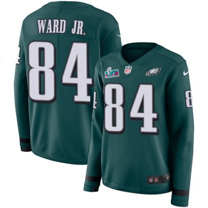 Nike Philadelphia Eagles #84 Greg Ward Jr. Green Super Bowl LVII Patch Team Color Women's Stitched NFL Limited Therma Long Sleeve Jersey