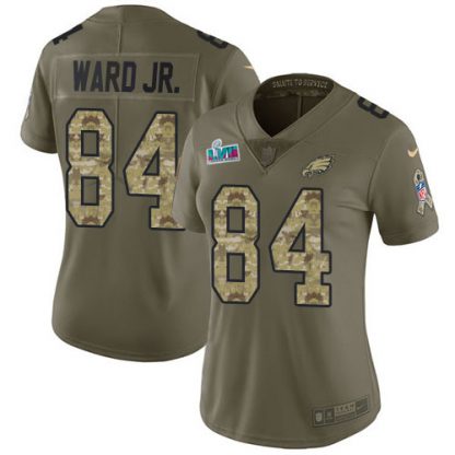 Nike Philadelphia Eagles #84 Greg Ward Jr. Olive/Camo Super Bowl LVII Patch Women's Stitched NFL Limited 2017 Salute To Service Jersey