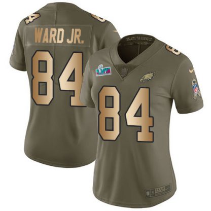Nike Philadelphia Eagles #84 Greg Ward Jr. Olive/Gold Super Bowl LVII Patch Women's Stitched NFL Limited 2017 Salute To Service Jersey