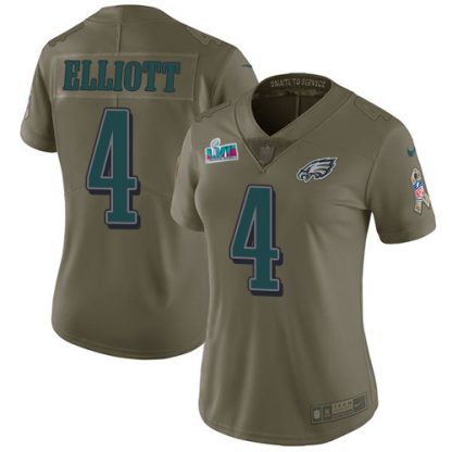 Nike Philadelphia Eagles #4 Jake Elliott Olive Super Bowl LVII Patch Women's Stitched NFL Limited 2017 Salute To Service Jersey